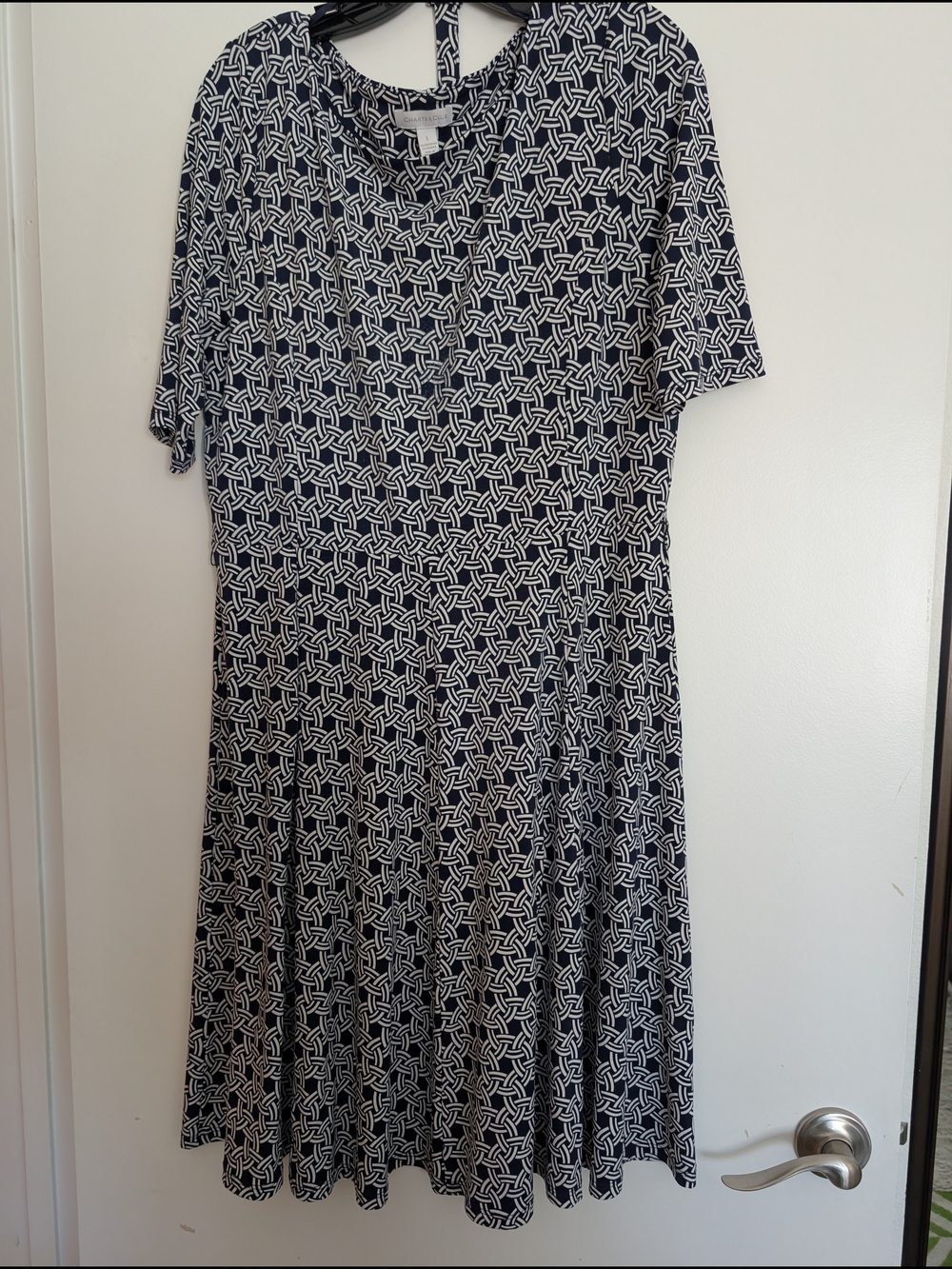 Charter Club Navy and White Geometric Short-Sleeve Midi Dress